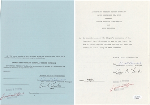 1982 Eric Fernsten Signed Boston Celtics Uniform Player Contract and Addendum – Signed by Hall of Famer Arnold ("Red") Auerbach (JSA)